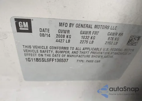 2015 Chevrolet Malibu Ls из США, поврежденный, VIN 1G11B5SL6FF136537